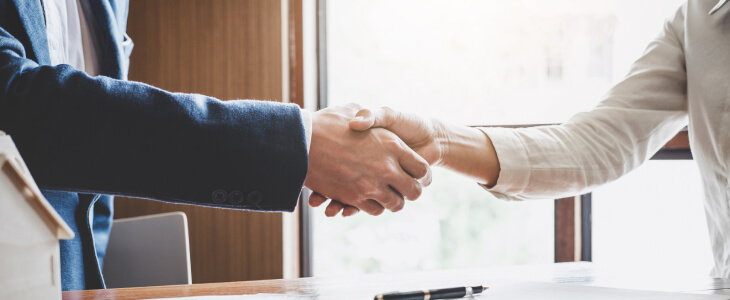 Business people shaking hands on a buy-sell agreement