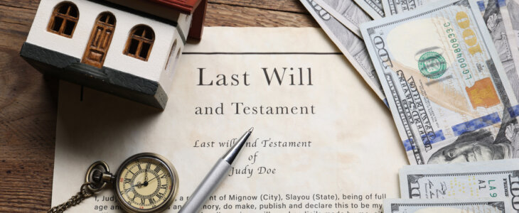 Last Will and Testament, pocket watch, dollar bills, house model and pen on wooden table